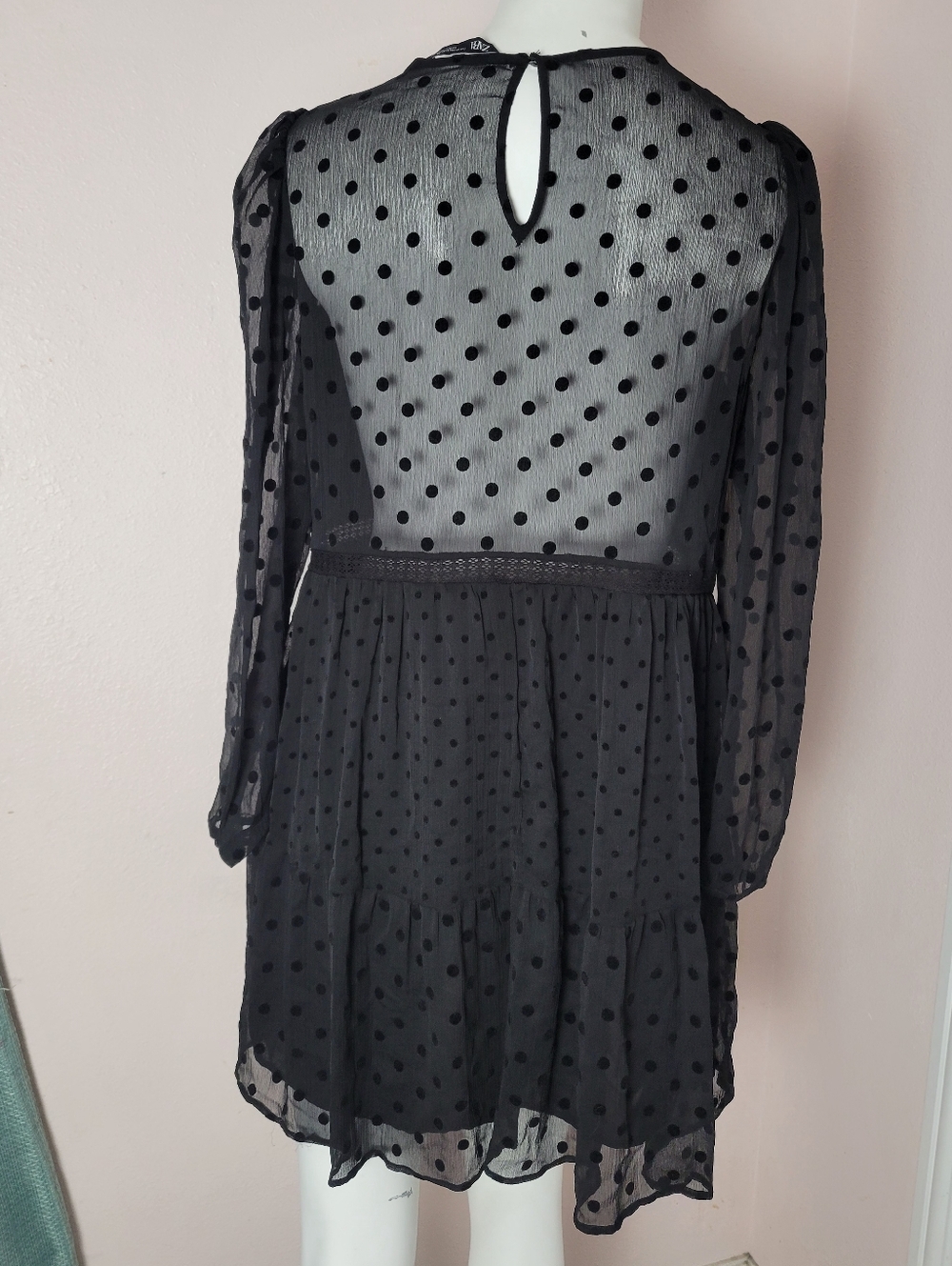 Zara Black Polka Dot Mesh Mini Dress Ruffle Flirty Romantic Long Sleeve Size M - Picture 6 of 8